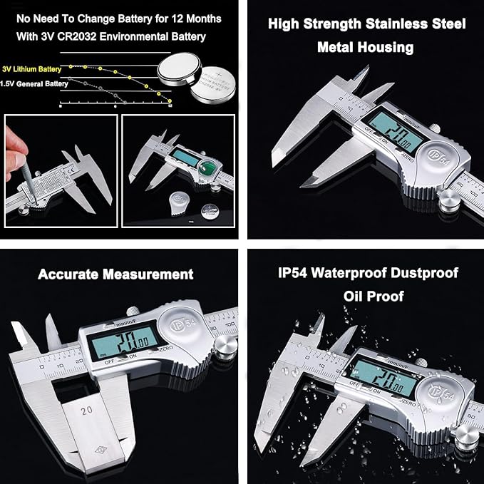 Kynup Digital Caliper, 8 Inch Caliper Measuring Tool with Stainless Steel, IP54 Splash Proof Protection Design, Easy Switch from Inch Metric Fraction, Large LCD Screen (200mm)