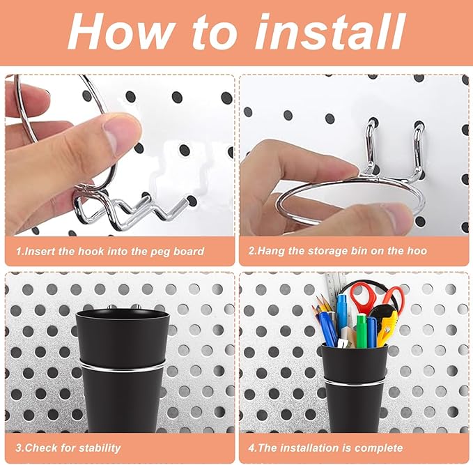 16 Sets Pegboard Hooks with Pegboard Cups, Ring Style Pegboard Bins with Rings