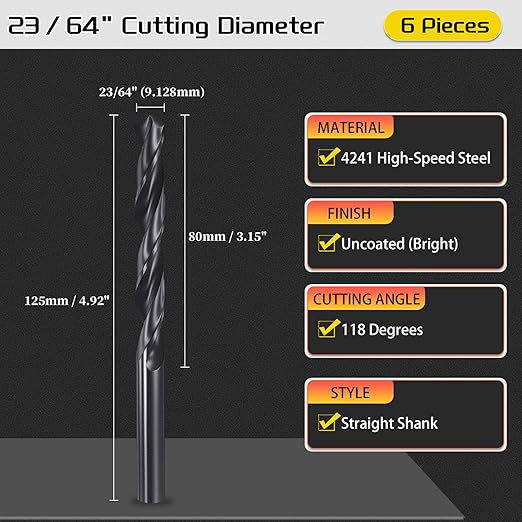 Drill Bit, 23/64" Cutting Diameter, 4241 HSS Nitriding Black 118° Cutting Angle Versatile Jobber Bits - (Applications: for Drilling Plastic Wood Soft Metal), 6-Pieces