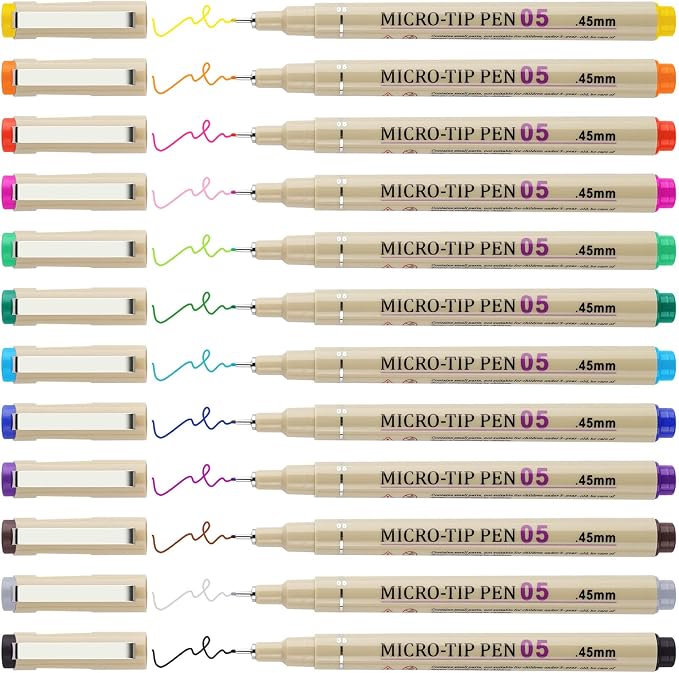 12 Colors Fineliner Pen Set, 05 Tip Fine Point Drawing Pens | Bleed Free Needle by Attom+Tech+Art