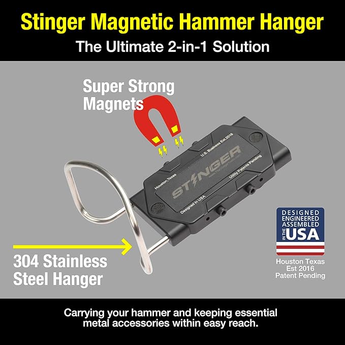 Stinger Magnetic Clip on Tool Hammer Holder for Belt, Strong Magnets Belt Clip Holster for Any Magnetic Tools and Hardware Holds Hammer, Wrench, Pliers, Screws, Nails, Drill Bit, Screw Driver