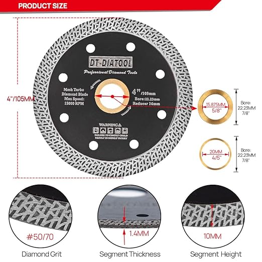 DT-DIATOOL Diamond Granite Blade 4 Inch for Marble Porcelain Tile Ceramic Diamond Cutting Disc with Mesh Turbo Diamond Segments