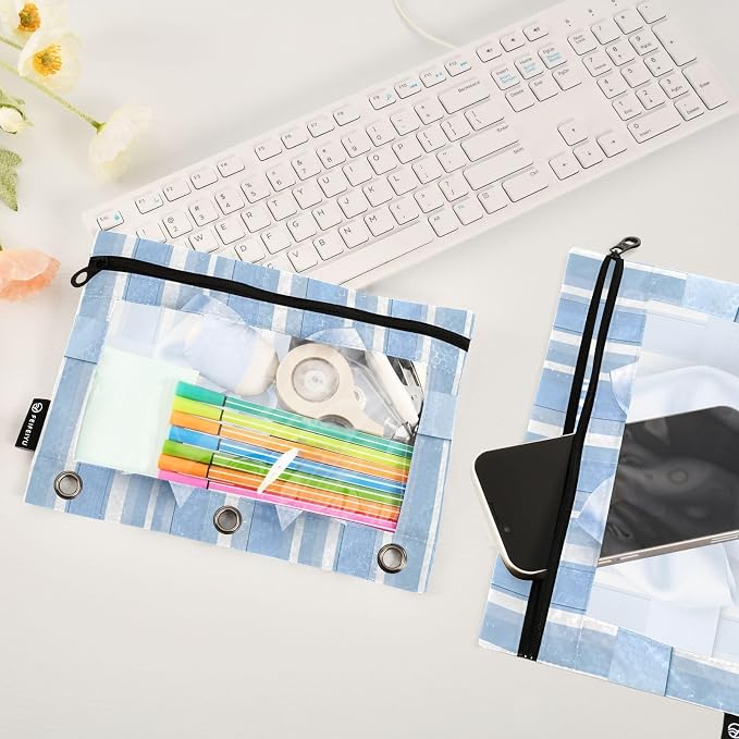 Custom Blue Striped Bow Pencil Pouch - Image 5