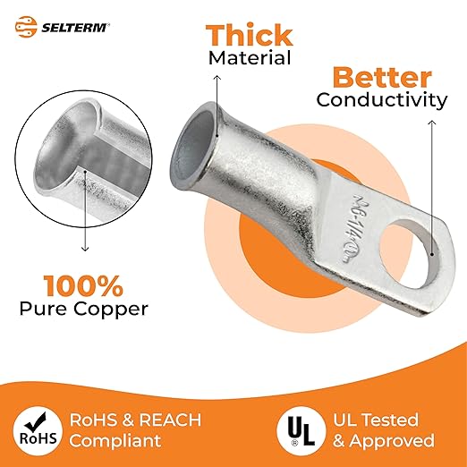 SELTERM 10pcs 6 AWG-1/4 Stud Tinned Copper Wire Lugs, Heavy Duty Battery Cable Ends,6 Gauge Ring Terminals, UL Battery Lugs Marine Grade Copper Eyelets Electrical Battery Terminal Connectors