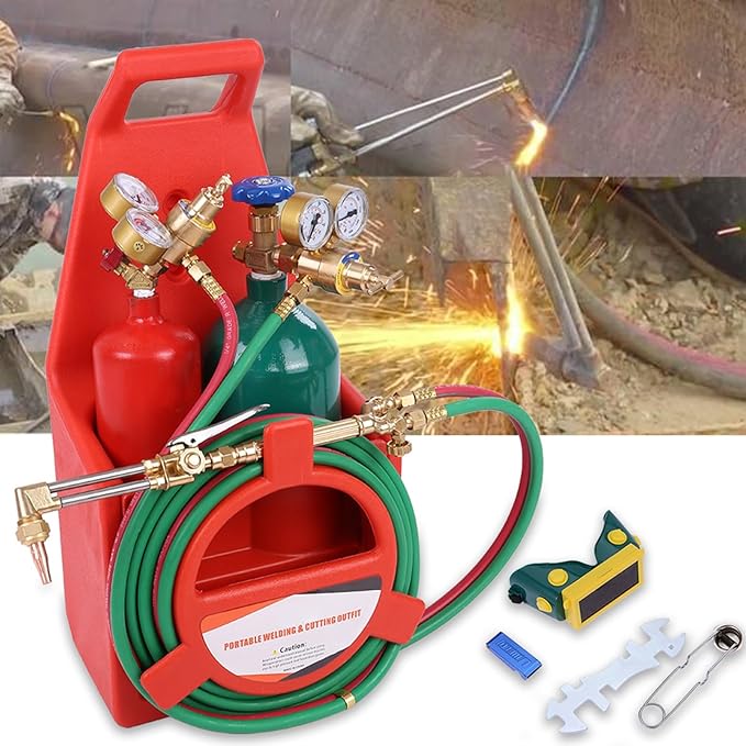 Oxygen Acetylene Torch Kit, Professional Welding Cutting Kit, Long Pipe Brass Nozzle Welding Torch Kit with Gauge Oxygen Acetylene, Portable Oxyacetylene Welding and Cutting Torch Kit Red