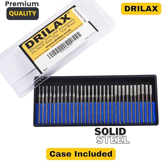Drilax Diamond Drill Bits for Stone – 30-Piece Set (1mm, 2mm, 3mm) for Glass, Gemstones & Jewelry – 1/8-Inch Shank Compatible with Dremel Rotary Tools – Jewelry Making Supplies & Lapidary Kit