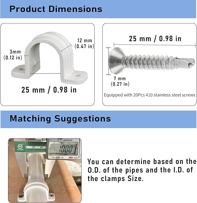 10 Set Pipe Clamps,SCH 3/4 in (Φ25MM) PVC Pipe Strap Clips,Two Hole Plastic Pipe Clamps,Conduit Strap Clamps