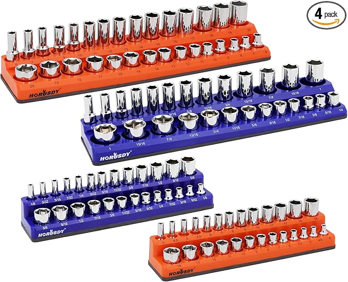 HORUSDY 4-Piece Magnetic Socket Organizer Set, Holds 1/4" & 3/8" SAE & Metric Standard/Deep Sockets, Strong Rubberized Magnetic Base, Durable Plastic Socket Holder for Toolbox & Workbench