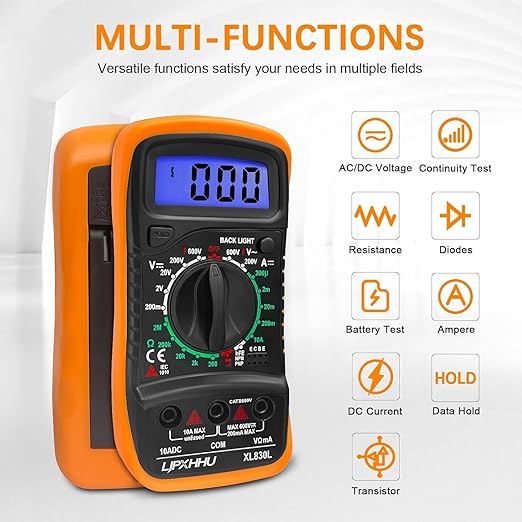 Digital Multimeter Voltmeter Battery Voltage Multi Tester Continuity Ohm Volt Amp DC AC Current Resistance Diodes 2000 Counts Electrical Test Meter with Leads Backlight LCD Display