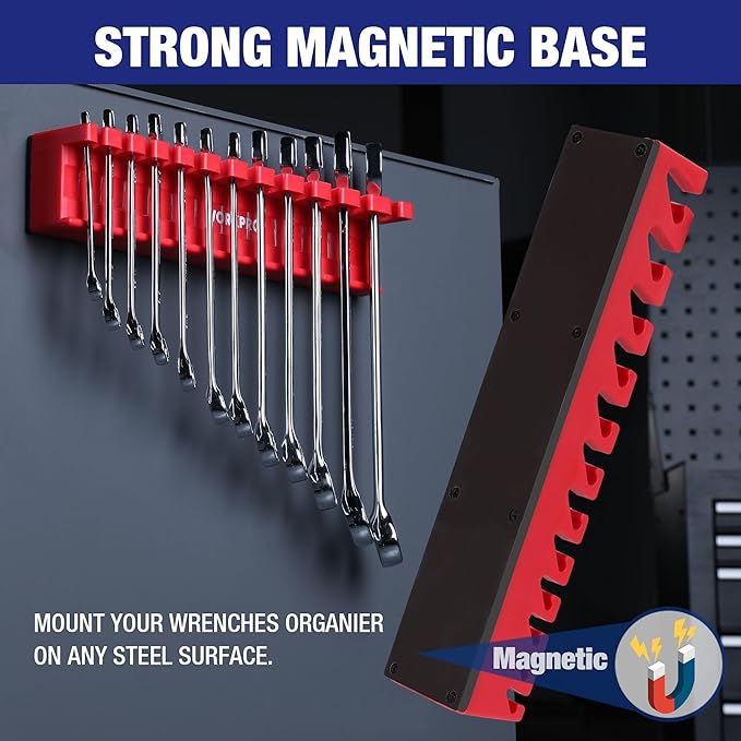 WORKPRO 2-Piece Magnetic Wrench Organizer Rack Set, 24 Slots Fits SAE (5/16' to 3/4') and Metric (9 mm to 20 mm) Wrench Holder Trays to Keep Wrenches Organized