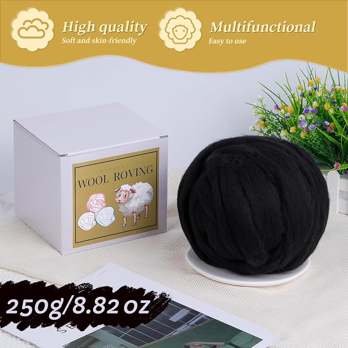 QMNNMA Wool Roving Bulk, 8.82oz Needle Felting Wool, Wool Roving Top-Black | - Image 2