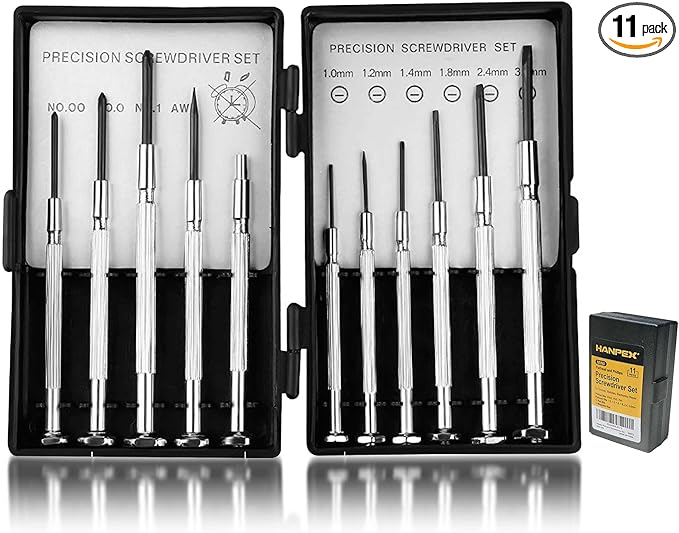 Precision Screwdriver Set, 11 Pieces, Mini Flathead and Phillips, for Glasses, Watches, Electronics Repair