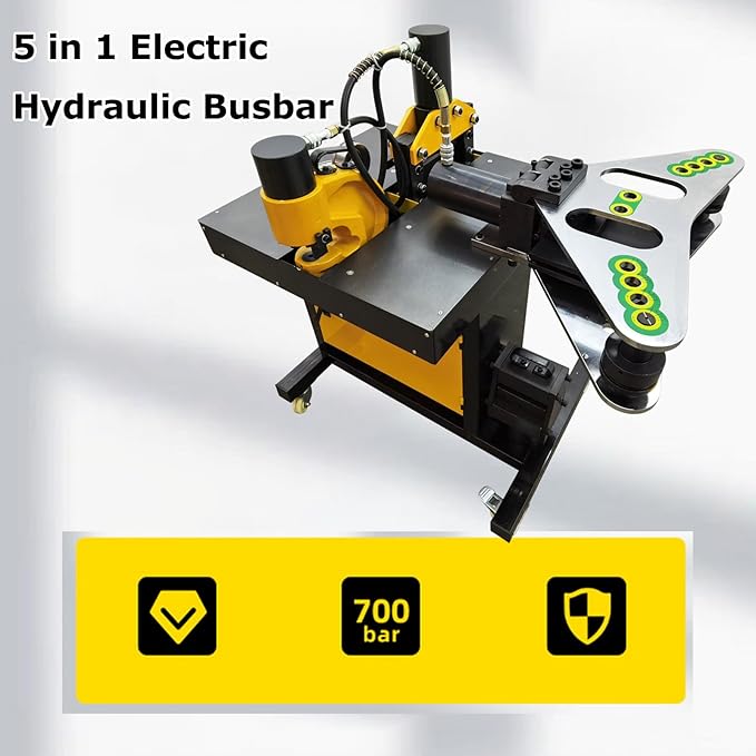 5 in 1 Electric Hydraulic Busbar Processor Busbar Cutter/Hole Puncher/Flat Bending/Vertical Bending/Knurling Machine for Iron, Copper, Aluminum 110V 750W