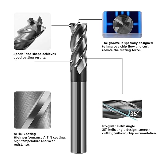 5pcs 1/8" Carbide Square End Mill Bits Set for Alloy Stees/Hardened Steels,Hrc55 Micro Grain Carbide Milling Cutter 4Flute CNC Router Bits with AlTiN Coating