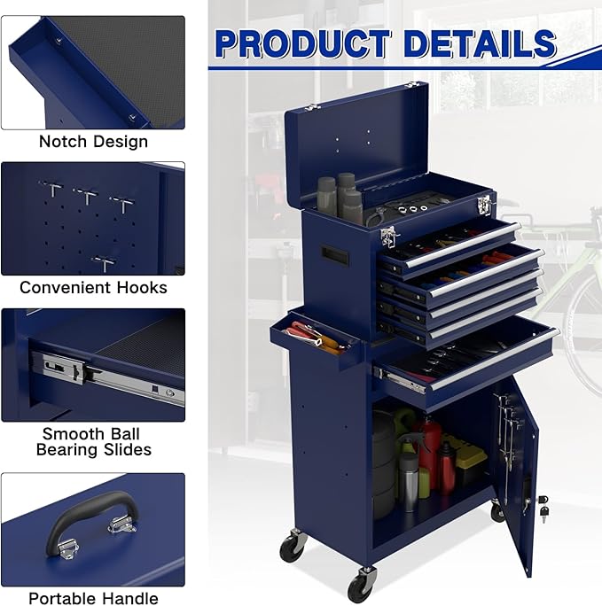 5 Drawer Tools Chest, Tool Cabinet with Universal Lockable Wheels，Tool Box with Detachable Top Box for Workshop (Darkblue)