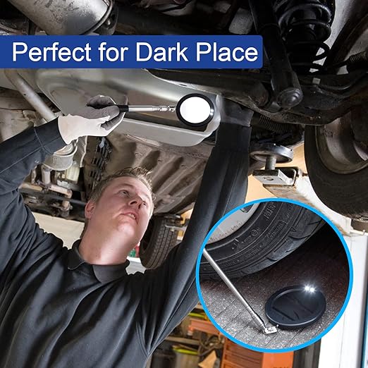 Telescoping Inspection Mirror LED Light with Large 3.75 Inches Round Mirror, 39.4 Inches Extendable, Flexible 360 Swivel, for Inspection Viewing, Mechanic Checking, Observation
