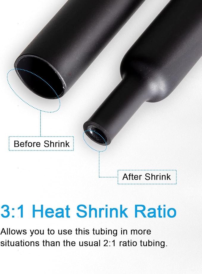 162pcs 3:1 Large Dual Wall Adhesive Heat Shrink Tubing Kit, 5 Sizes (Diameter) - 1.25, 1, 1/2, 3/8, 1/8 inch, Marine Electrical Wire Cable Wrap Tube Assortment for DIY by MILAPEAK (Black)