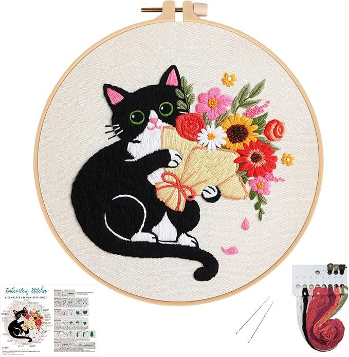Nuberlic Black Cat Flowers Embroidery Kits by Nuberlic