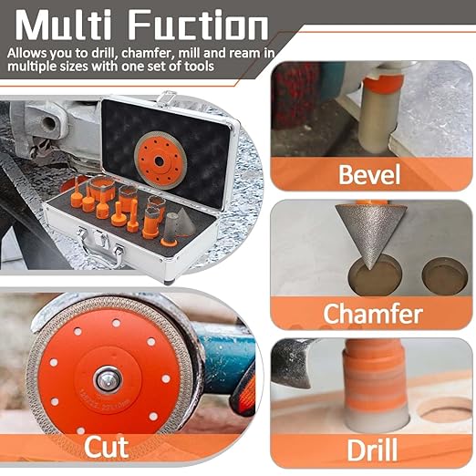Tile Hole Saw Kit 12pcs, BeQell Diamond Core Drill Bits Set for Porcelain Ceramic Marble Granite Stone,Diamond Beveling Chamfer Bit Tile Cone Finger Bit,Father's Day,Christmas Birthday Gift