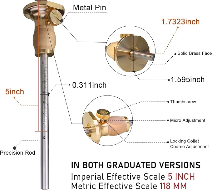 Wheel Marking Gauge Kit with 2 Extra Cutter Wheels, Anti Roll Brass Head with Hornbeam Wood Holder, Metric and Imperial Micro Adjuster Ruler, Woodworking Tools Scriber for Woodwork