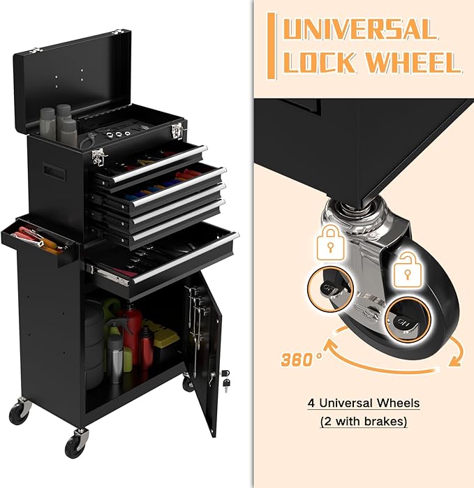 5-Drawer Rolling Tool Chest,Garage Storage Tool Box with Wheels,Lockable and Detachable Tool Cabinet,Heavy Duty Metal Tool Cart with Wheels for Garage,Warehouse,Workshop (Black)