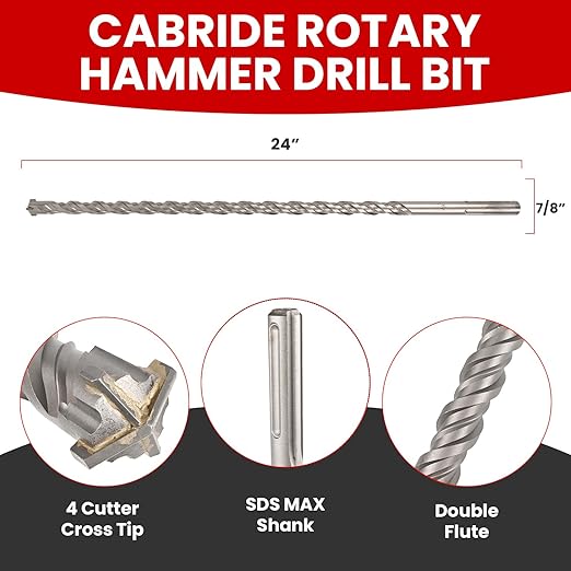 7/8 in X 24 in SDS MAX Bits, Rotary Hammer Drill Bits, Carbide Drill Bits, Masonry Drill Bits for Concrete, Stone and Brick, SDS MAX Hammer Double Flute, Masonry Drill Bit, Concrete Drill Bit