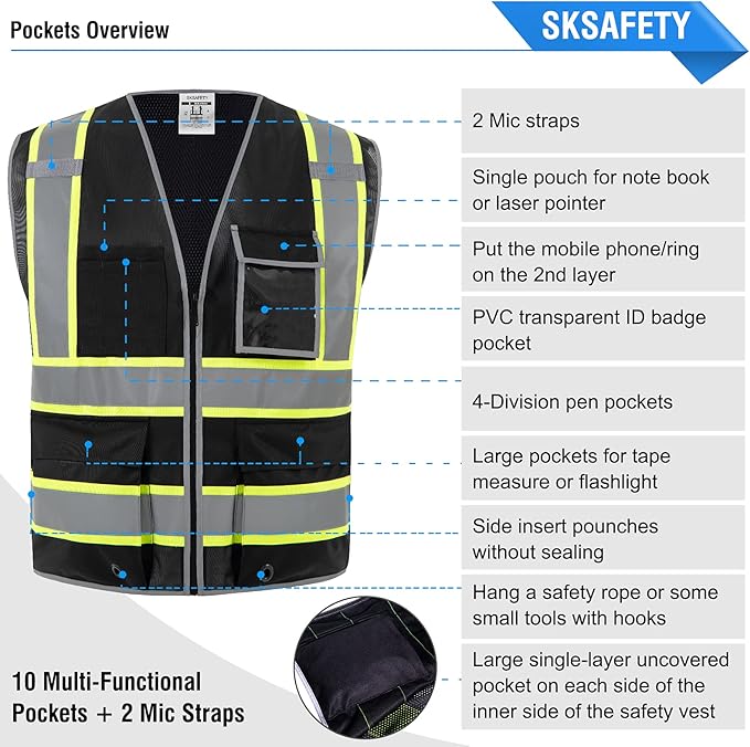 SKSAFETY 10 Pockets Safety Vest, Class 2 High Visibility Security with Zipper Back Mesh, Hi Vis Vest with Reflective Strips, ANSI/ISEA Standard, Construction Work Vest for Men ＆ Women （Black, 3XL）