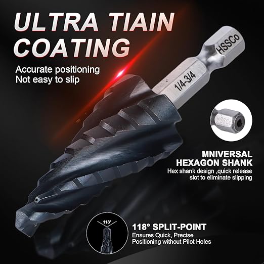M35 Cobalt Step Drill Bit,Four Spiral Flute Step Drill Bit 1/4"-3/4" （9 Sizes ） Wear-Resistant TiAlN Coated,1/4" Hex Shank Drill for Metal, Stainless Steel, Aluminum, Plastic