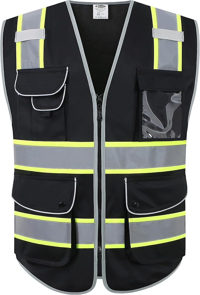 JKSafety 9 Pockets Hi-Vis Black Color Zipper Front Safety Vest Fluorescent Yellow Strips outlining the Reflective Tapes ANSI/ISEA Class 1 (901-Black, X-Large)