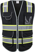 JKSafety 9 Pockets Hi-Vis Black Color Zipper Front Safety Vest Fluorescent Yellow Strips outlining the Reflective Tapes ANSI/ISEA Class 1 (901-Black, 5X-Large)