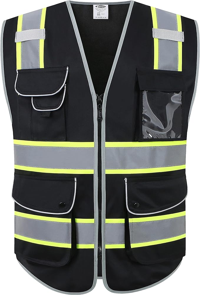 JKSafety 9 Pockets Hi-Vis Black Color Zipper Front Safety Vest Fluorescent Yellow Strips outlining the Reflective Tapes ANSI/ISEA Class 1 (901-Black, 5X-Large)