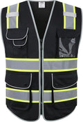 JKSafety 9 Pockets Hi-Vis Black Color Zipper Front Safety Vest Fluorescent Yellow Strips outlining the Reflective Tapes ANSI/ISEA Class 1 (901-Black, Medium)