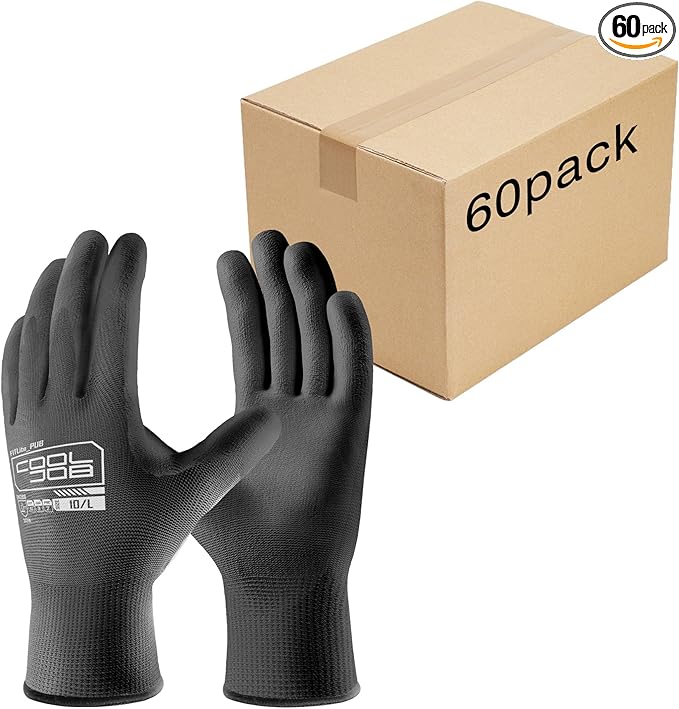 COOLJOB 60 Pairs Safety Work Gloves Pack Bulk with Grip PU Coating, 13 Gauge Seamless Knit Gloves with Polyurethane Dipped for Warehouse Working, Breathable Lightweight for Men Women, Black Small