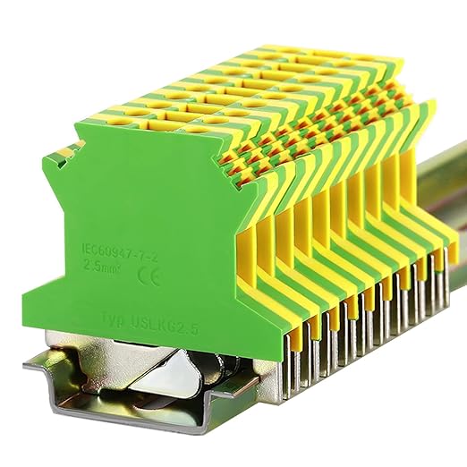 Erayco USLKG2.5 Ground Circuit Connection Terminal Block, Screw Clamp, 600V 20A 24-12AWG, DIN Rail Mounted, Pack of 50 (Green & Yellow)
