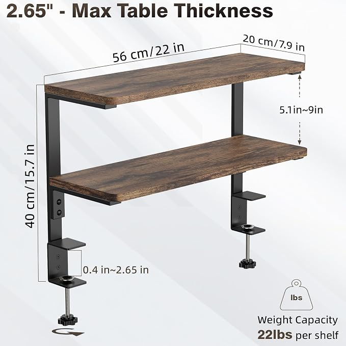 2-Tier Desk Extender, 22-inch Clamp-On Desk Shelf, Height-Adjustable Desktop - Image 3