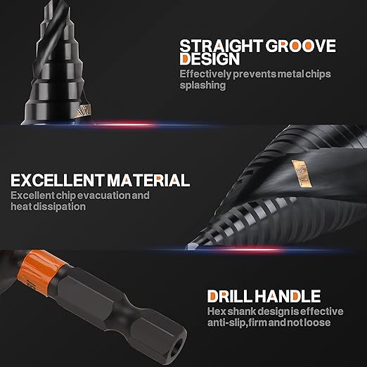 KSEIBI 13 Steps 1/8-1/2 inch SAE Standard Industrial Grade Step Drill Bit Ready Impact 1/4 inch Shank, 575075 High Speed Steel Black Oxide M2 Metal Drill Bits