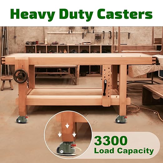 Leveling Casters Set of 4, Workbench Casters with Ratchet Arm, 3300 LBS, Green Heavy Duty Retractable Leveling Machine Casters, Nylon Wheels & Leveling Feet, Suitable for Shelves and Workbenches