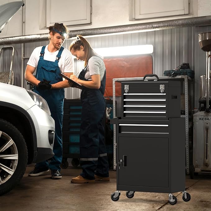 5-Drawer Rolling Tool Chest,Garage Storage Tool Box with Wheels,Lockable and Detachable Tool Cabinet,Heavy Duty Metal Tool Cart with Wheels for Garage,Warehouse,Workshop (Black)