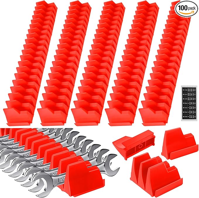 Chunful 100 pcs Modular Wrench Organizer Holder Wrench Tool Organizers Storage Racks Set with Metric & SAE Label for Tool Box Drawer Storage for Father Brother Professional Mechanics Men(Red)