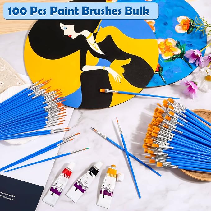 Small Paint Brushes Bulk, Anezus 100 Pcs Flat and Round Pointed Brushes Craft - Image 2