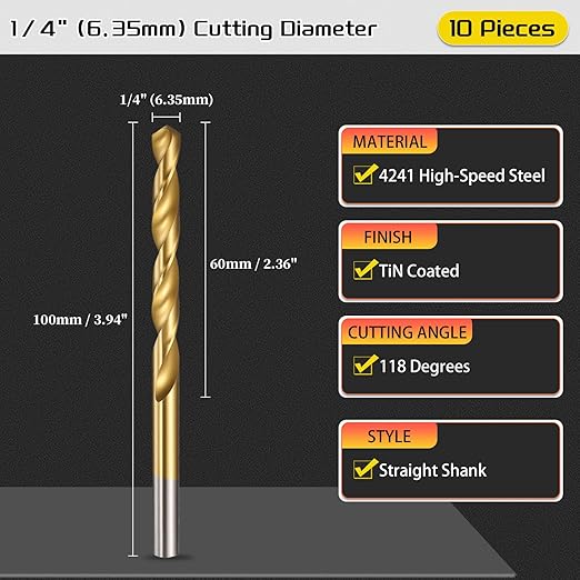 Drill Bit, 1/4" Cutting Diameter (6.35mm), 4241 HSS TiN Coated 118° Cutting Angle Versatile Jobber Bits - (Applications: for Drilling Plastic Wood Soft Thin Metal), 10-Pieces