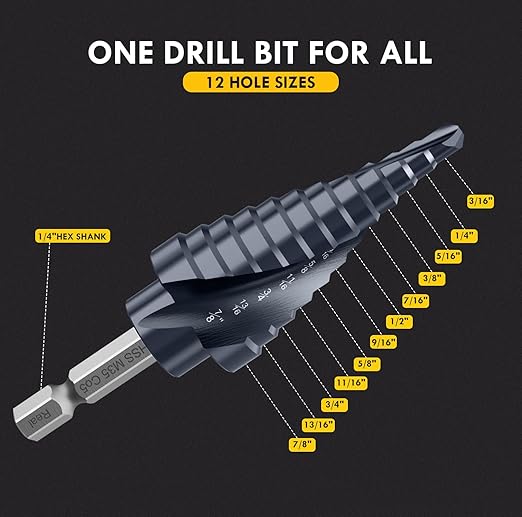 Upgrade M35 Cobalt Step Drill Bit with Ultra TiAIN Coating, 3/16"-7/8" Unibit Step Bit with Double Sprial Flute, 1/4" Hex Shank Drill Bit for Metal, Stainless Steel, Aluminum, Copper, Wood