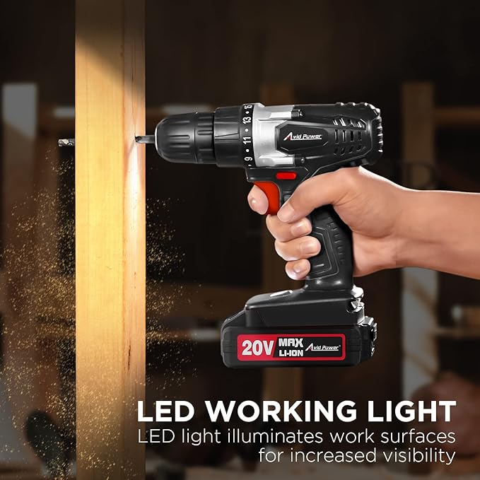 AVID POWER 20V MAX Lithium lon Cordless Drill, Power Drill Set with 3/8-Inch Keyless Chuck, Variable Speed, 16 Position and 22pcs Bits (Black)