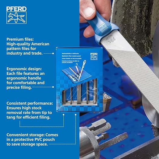 PFERD 5-Piece Machinist File Set – 8" Bastard Coarse Cut – with Ergonomic Handles & Plastic Pouch (WRU) – for Universal Roughing & Finishing – Part 16077