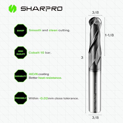 Extra Long Ball Nose End Mills 3/8 Inch SHK. and Cutting Dia. 3D Carving, High-Speed and Deep Cutting, AlCrN Coated, Apply for Alloy Steel, Stainless Steel and Various Cast Iron. (3PCS)