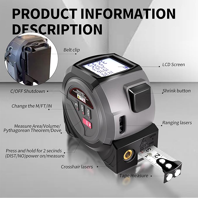 Laser Tape Measure 3-in-1 131ft Laser Measuring Tape & 16ft Woodworker Tape Measure & Crosshair, Area, Volume, Ft/Ft+in/in/M Unit Support for Decorating Architecture DIY Furniture