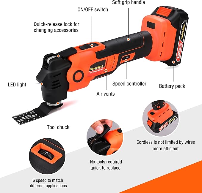 ValueMax 20V Cordless Oscillating Tool with Battery, 3.6°Oscillation Angle Oscillating Saw, 6 Variable Speed Oscillating Multi Tool with Quick-Lock Change System, 16PCS Multitool Blades & Carrying Bag