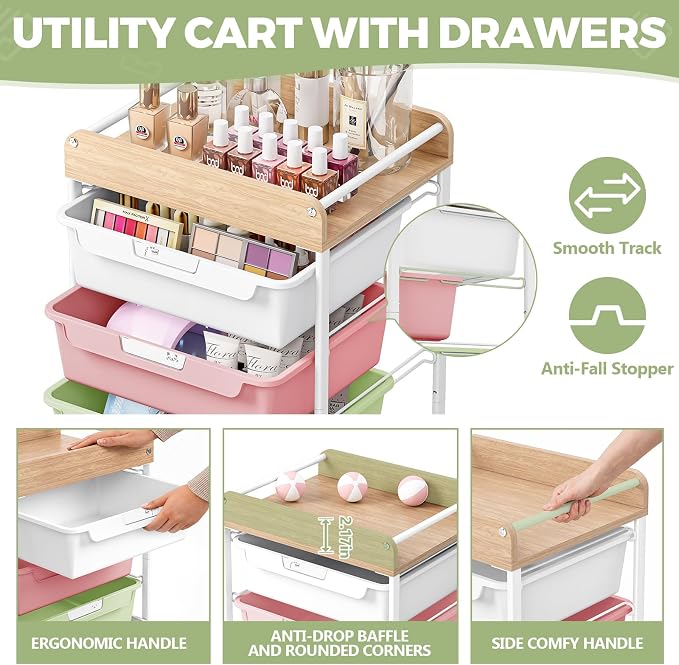 SYKIARIOL Rolling Utility Storage Cart, 4 Labeled Ice Cream Colored Drawers - Image 5