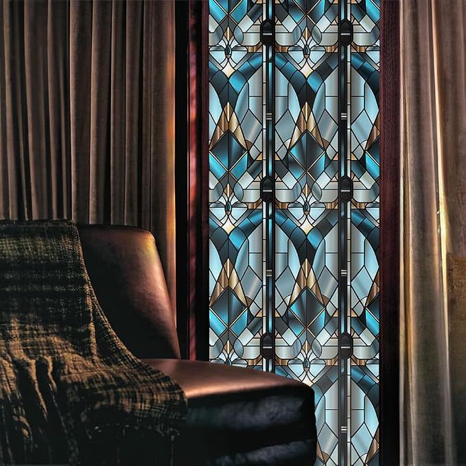 Grey Blue Geometric Modern Stained Glass Window Films Decorative Double-Side - Image 2