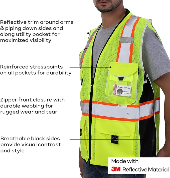 Neopelta Reflective Safety Vest Yellow Mesh, Made with 3M Reflective Tape, Heavy Duty Vest with ID pocket, Padded Neck, Yellow M